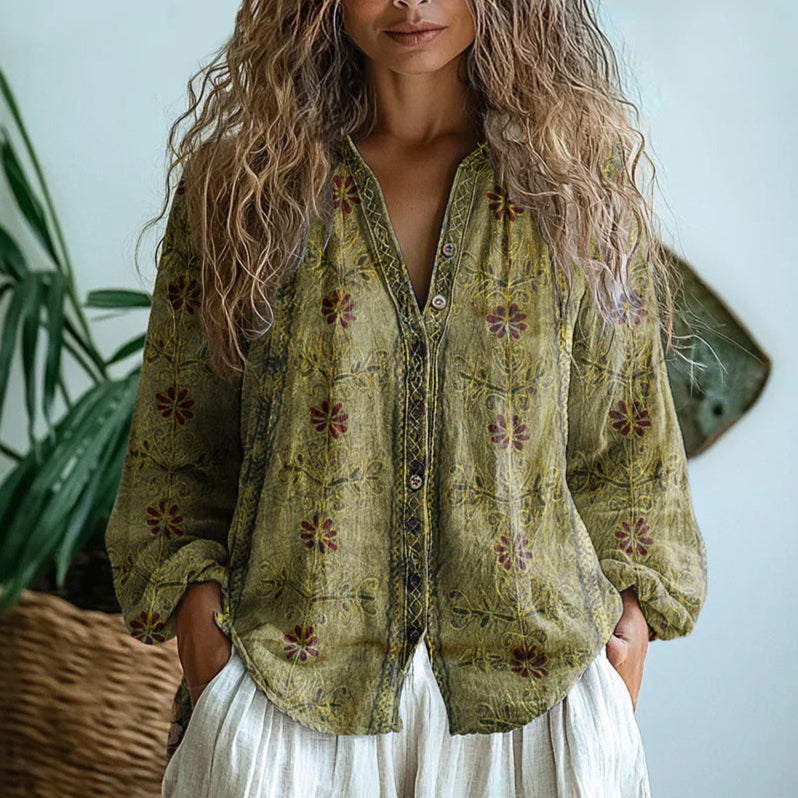 Dragonfly Print Split Neck Long Sleeve Blouse 3