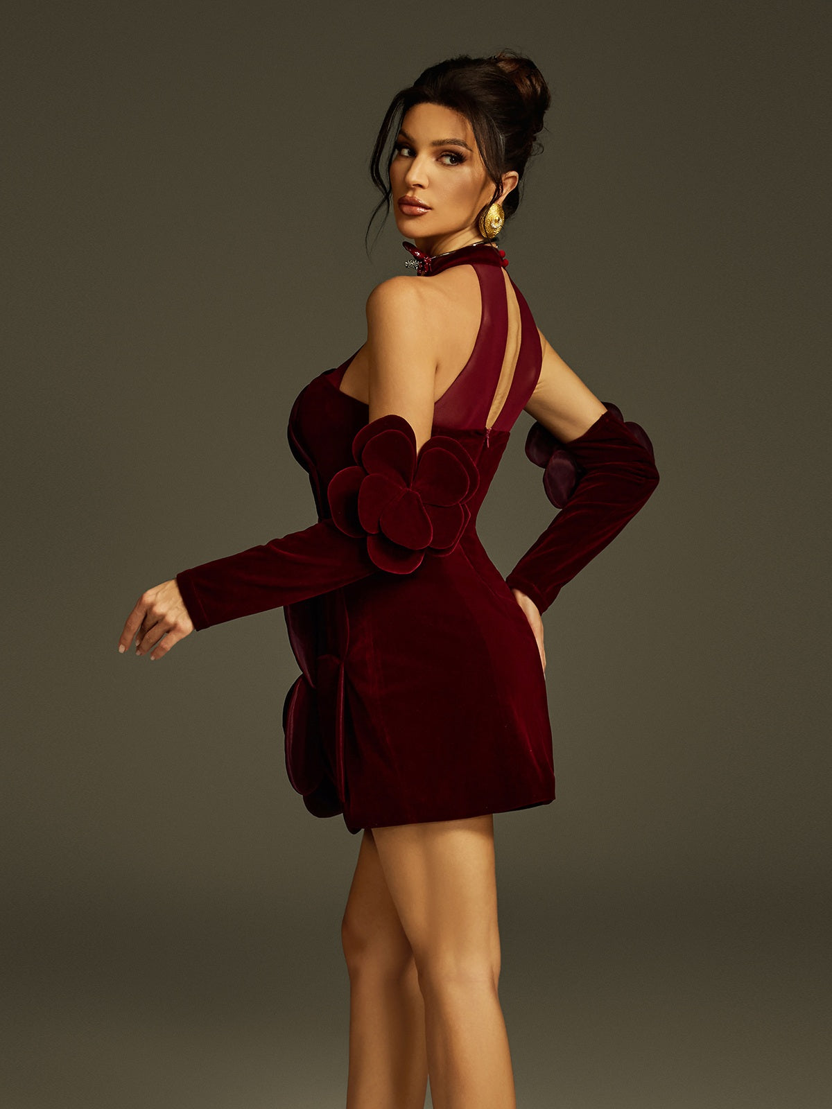Velvet High Neck 3D Rose Flower Mesh Bodycon Mini Dress - View 6