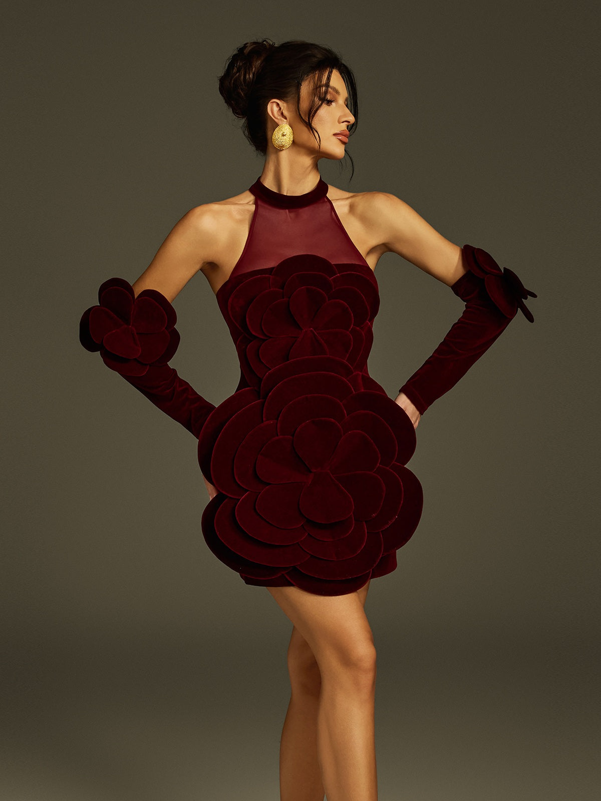 Velvet High Neck 3D Rose Flower Mesh Bodycon Mini Dress - View 2