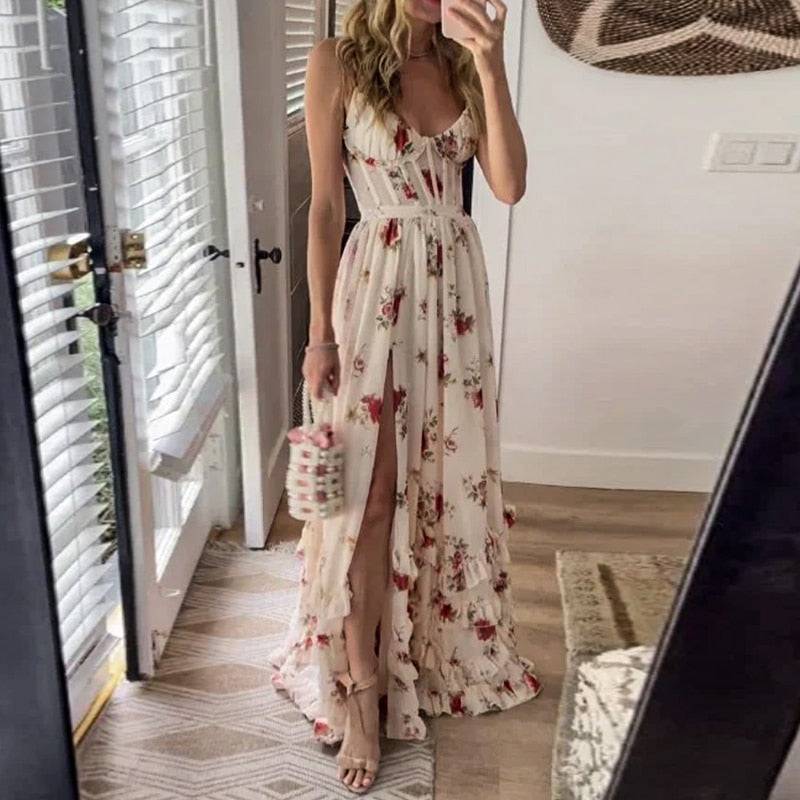 Floral Print Sweetheart Corset Bodice High Split Maxi Dress