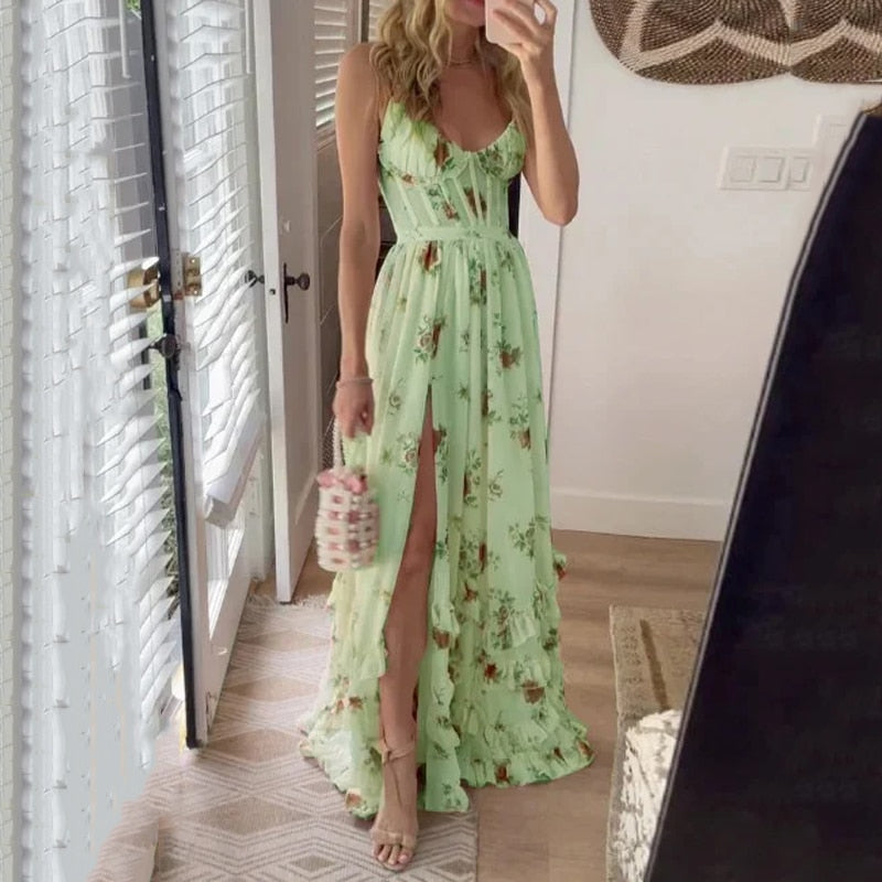 Floral Print Sweetheart Corset Bodice High Split Maxi Dress - View 3