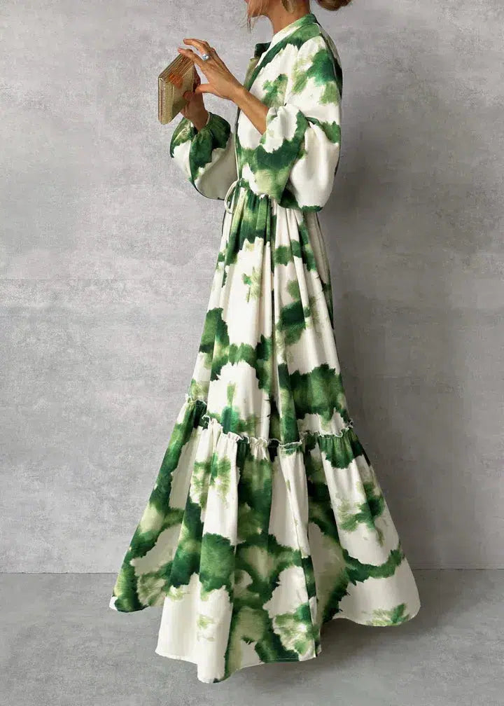 Tie Dye Print Mandarin Collar V-Neck Bishop Sleeve Maxi Dress - View 3