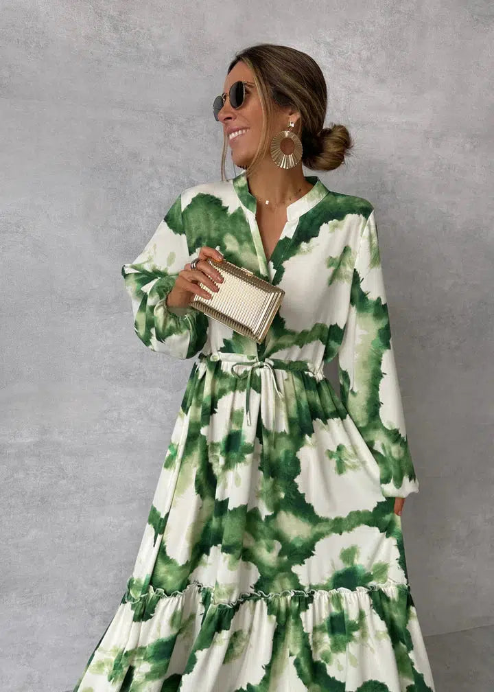 Tie Dye Print Mandarin Collar V-Neck Bishop Sleeve Maxi Dress