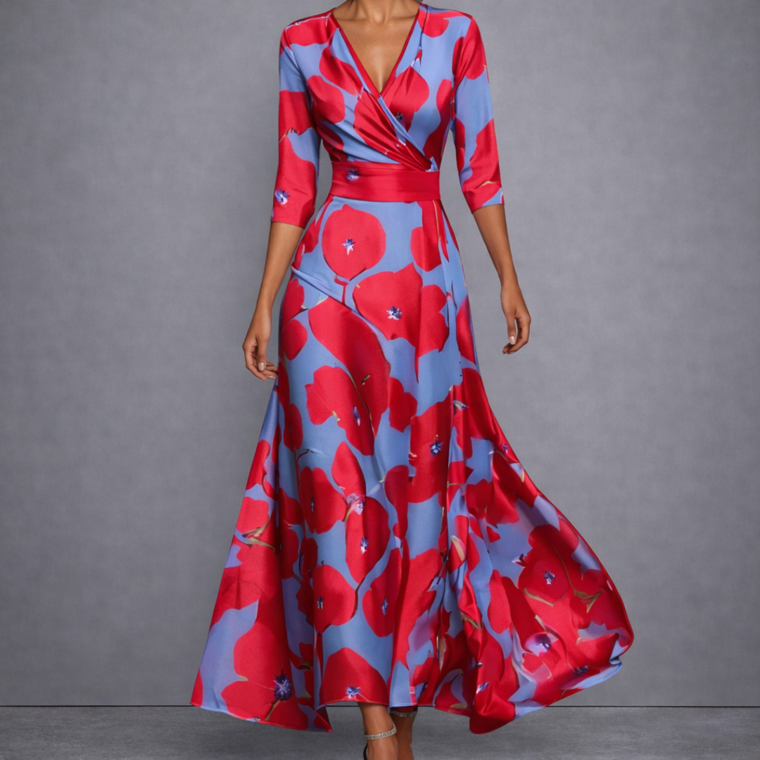 Floral Print V-Neck Wrap Long Sleeve A-Line Maxi Dress 3
