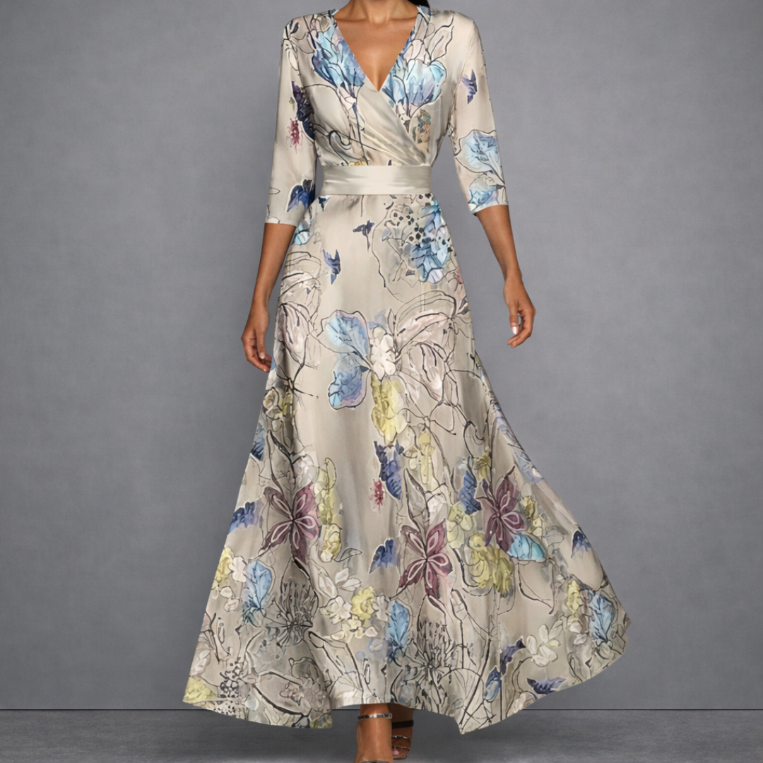 Floral Print V-Neck Wrap Long Sleeve A-Line Maxi Dress 2