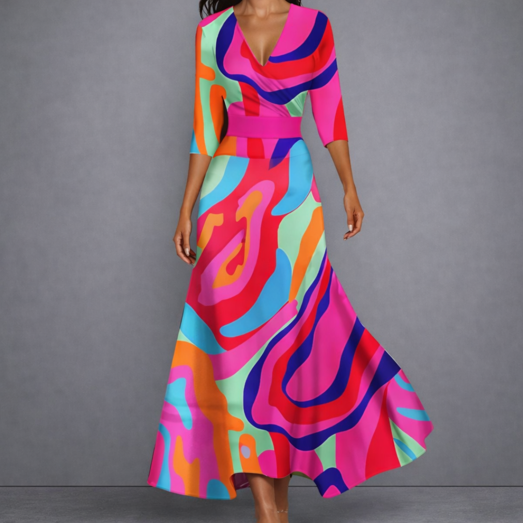 Floral Print V-Neck Wrap Long Sleeve A-Line Maxi Dress 4