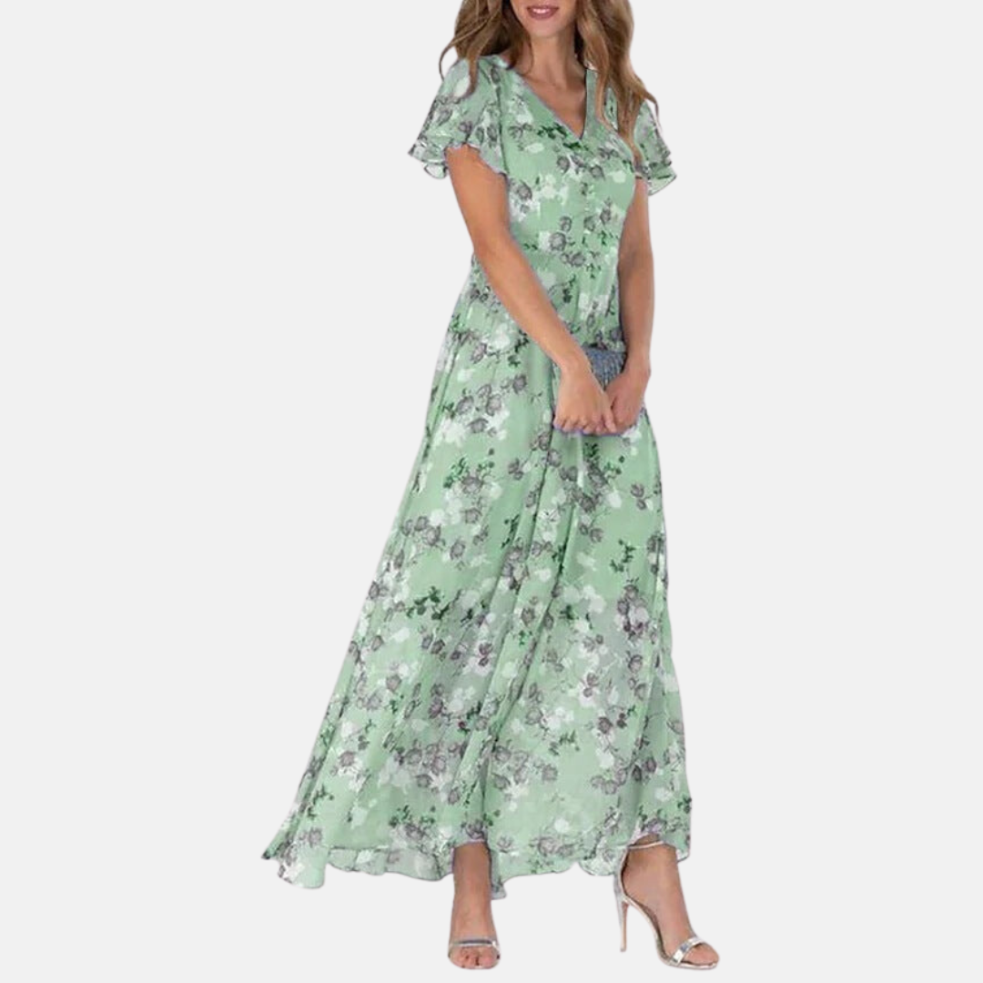 Floral Print V-Neck Flutter Sleeve Sheer Overlay Layered Maxi Dress - View 4