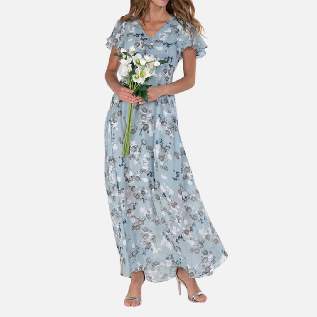 Floral Print V-Neck Flutter Sleeve Sheer Overlay Layered Maxi Dress - View 2