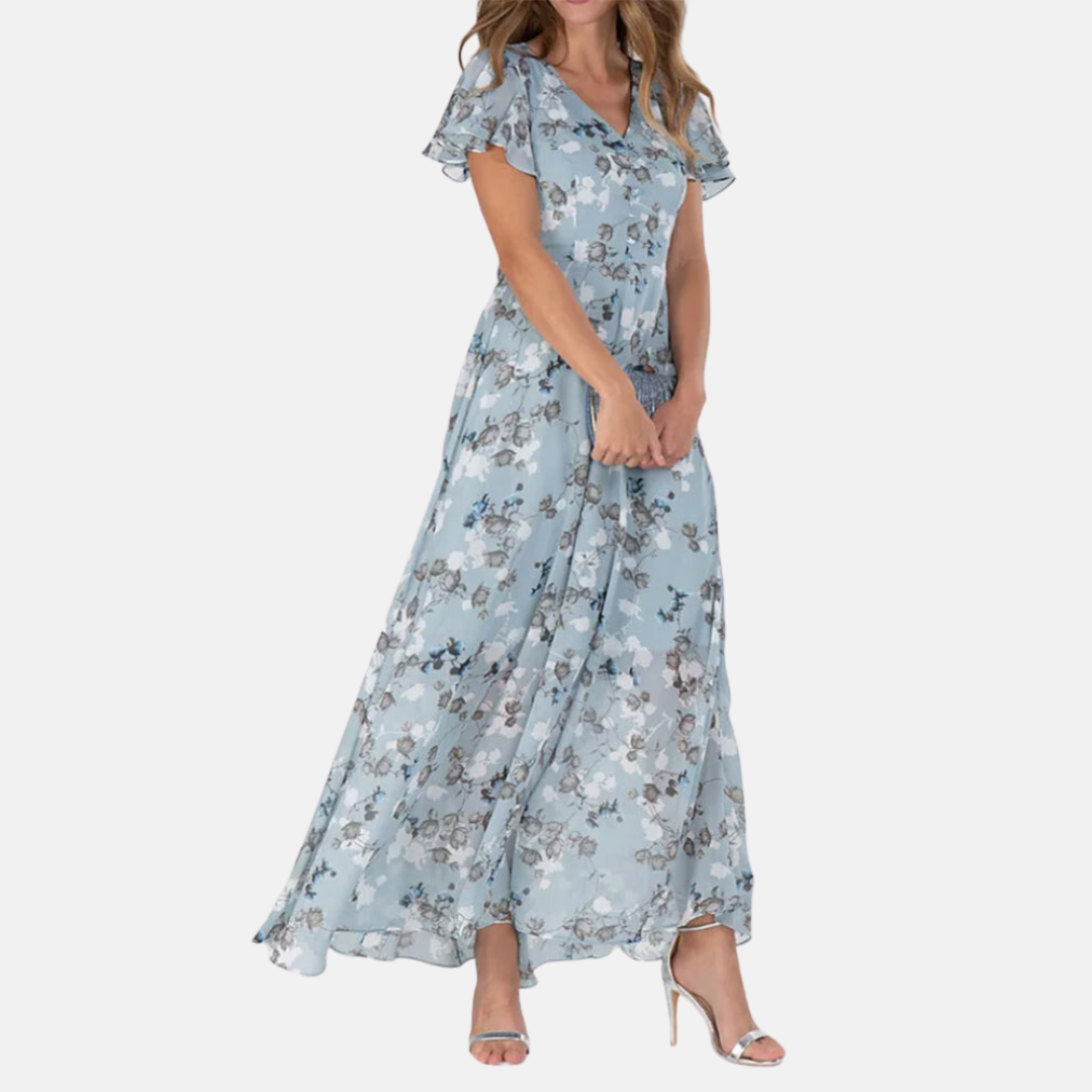 Floral Print V-Neck Flutter Sleeve Sheer Overlay Layered Maxi Dress - View 3