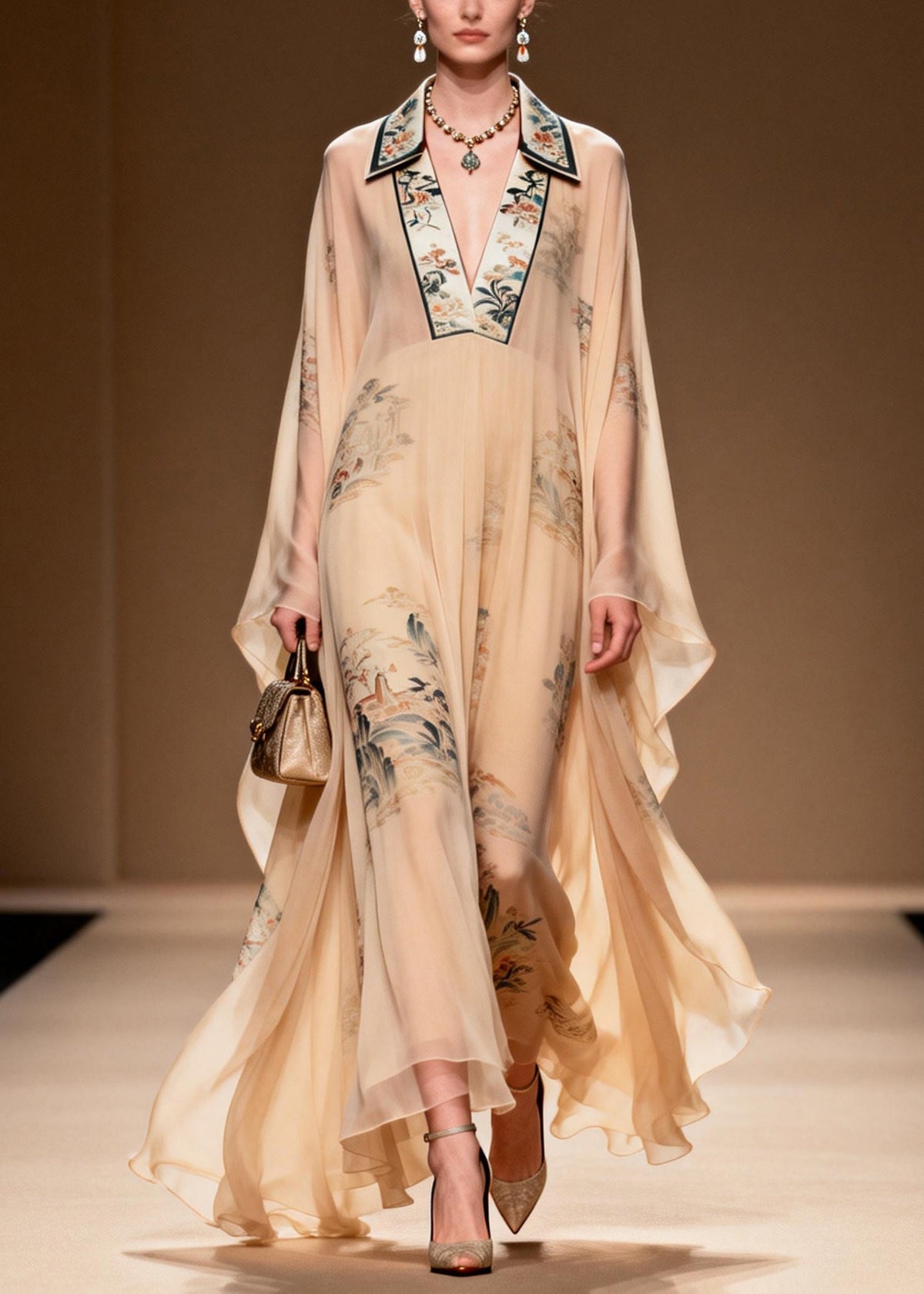 Vintage Apricot V Neck Print Chiffon Maxi Dress Summer - View 3