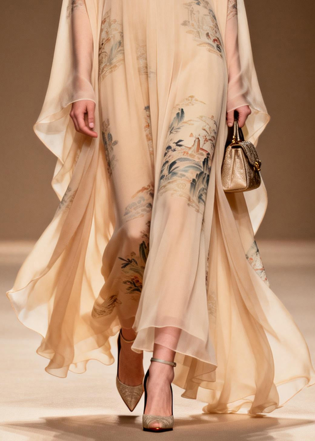 Vintage Apricot V Neck Print Chiffon Maxi Dress Summer - View 4
