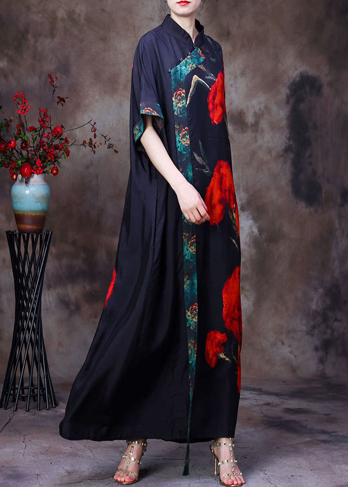 Floral Print Mandarin Collar Asymmetrical Wrap Short Sleeve Maxi Dress - View 2