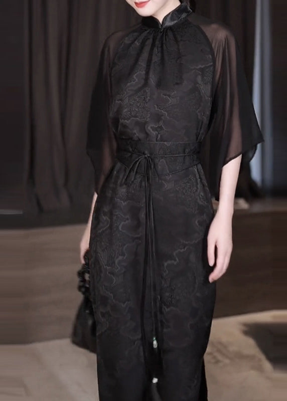 Jacquard Mandarin Collar Sheer Cape Sleeve Tie Waist Maxi Dress - View 2