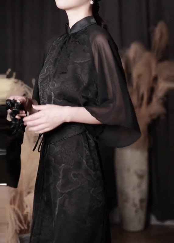 Jacquard Mandarin Collar Sheer Cape Sleeve Tie Waist Maxi Dress - View 4