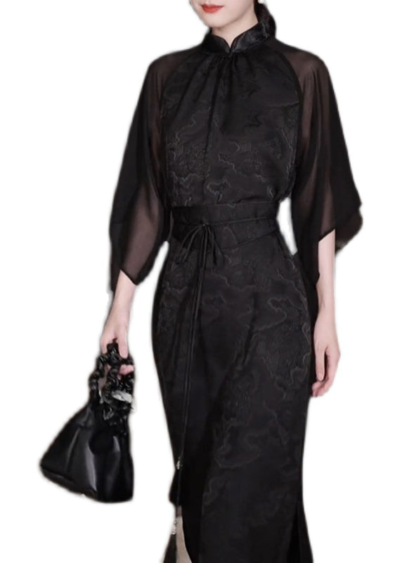 Jacquard Mandarin Collar Sheer Cape Sleeve Tie Waist Maxi Dress - View 5