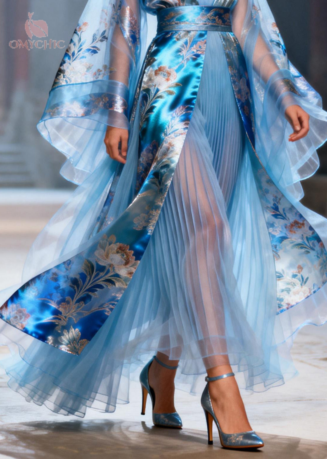 Deep V-Neck Floral Bell Sleeve Belted Pleated Chiffon Maxi Gown - View 4