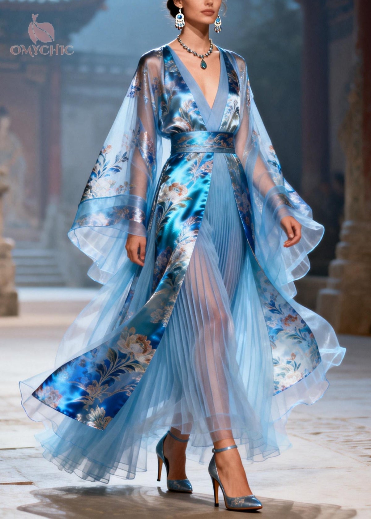Deep V-Neck Floral Bell Sleeve Belted Pleated Chiffon Maxi Gown - View 5