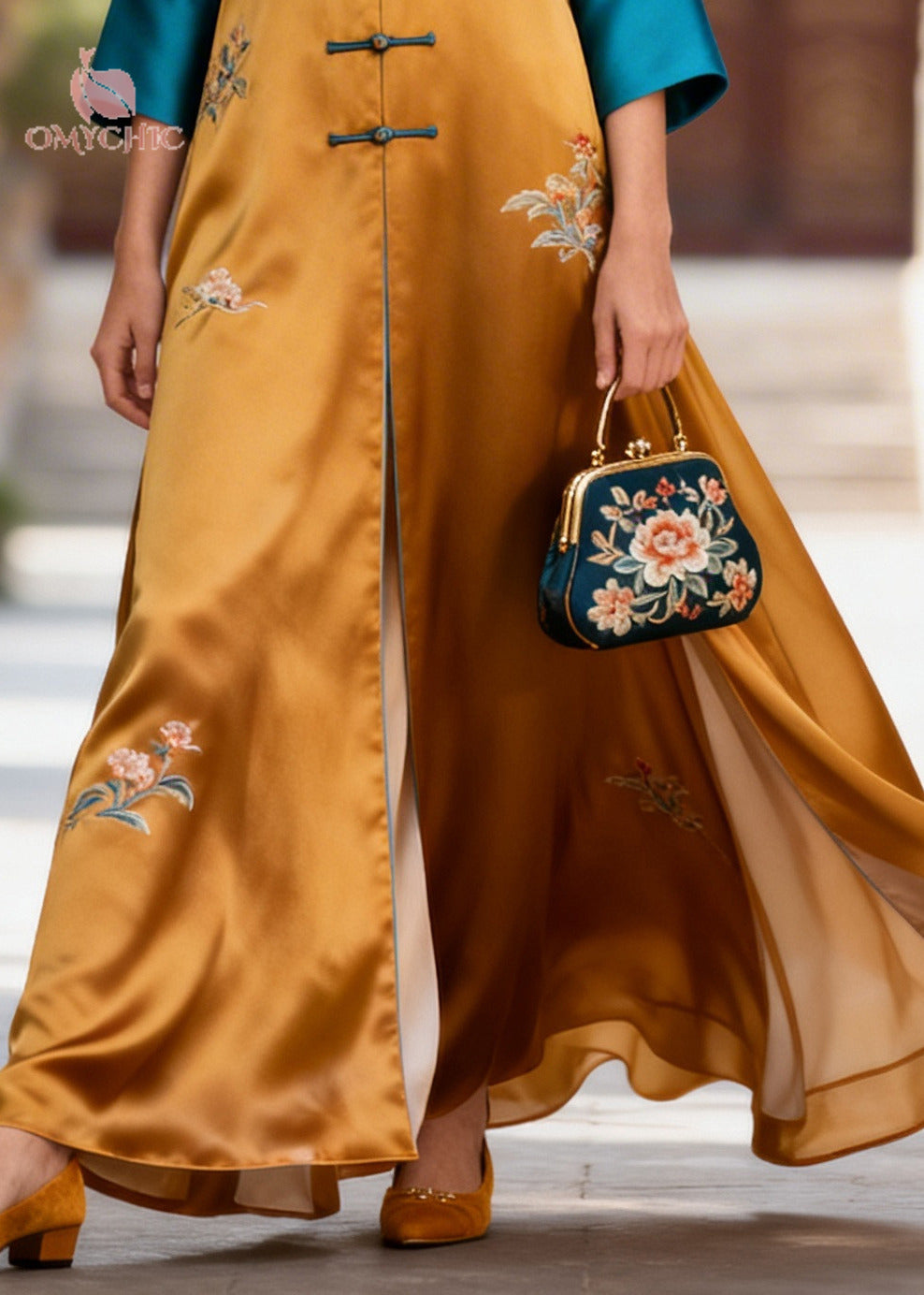 Floral Embroidery Frog Button V-Neck Ruched Sleeve Maxi Gown - View 4