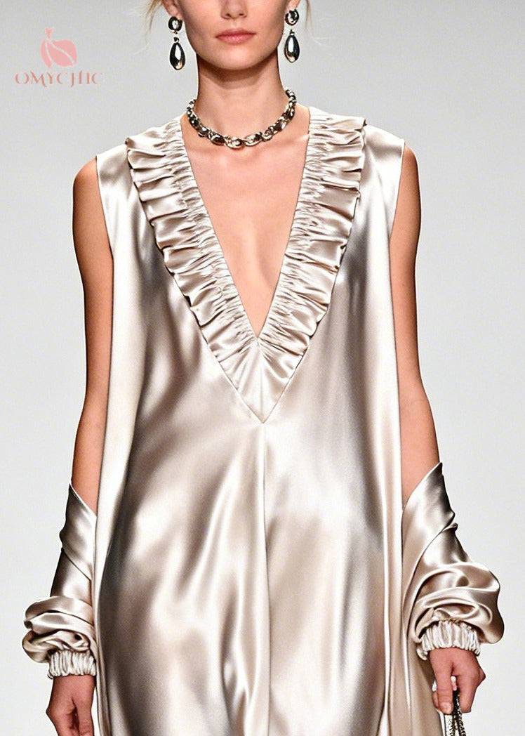 Satin Deep V-Neck Ruffle Long Sleeve Kaftan Maxi Dress - View 2