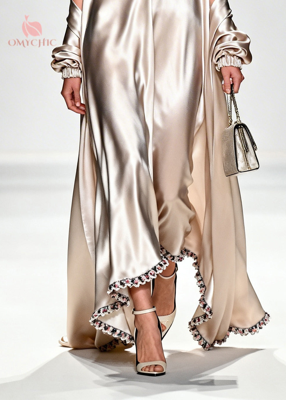 Satin Deep V-Neck Ruffle Long Sleeve Kaftan Maxi Dress - View 4