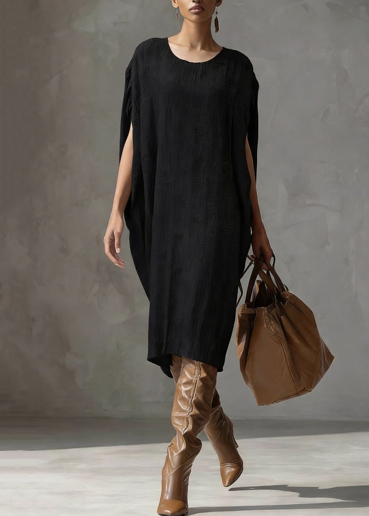 Textured Knit Scoop Neck Batwing Sleeve Oversized Cocoon Midi Dress - View 4