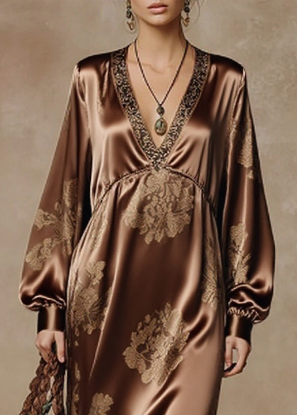 Floral Jacquard Deep V-Neck Bishop Sleeve Tassel Fringe Hem Maxi Gown - View 2