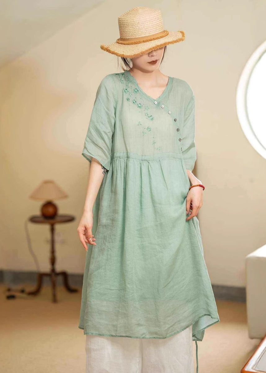 Embroidered Floral Asymmetrical Button Three Quarter Midi Dress