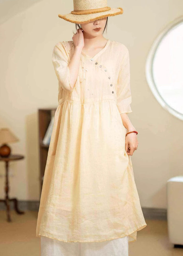 Embroidered Floral Asymmetrical Button Three Quarter Midi Dress - View 2