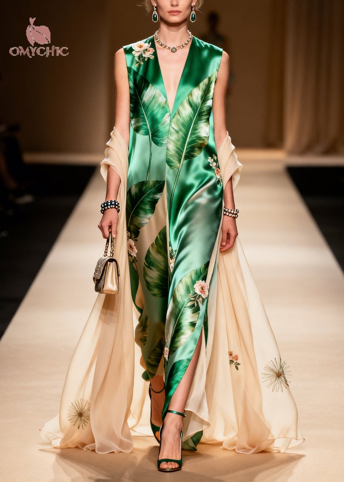 Tropical Floral Print Deep V-Neck Sleeveless Maxi Gown - View 5
