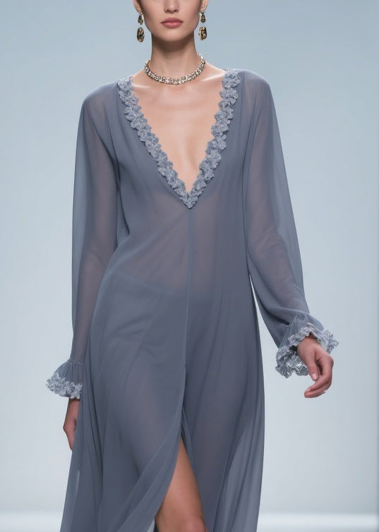 Chiffon Deep V-Neck Ruffle Cuff Lace Trim Center Slit Maxi Gown - View 2