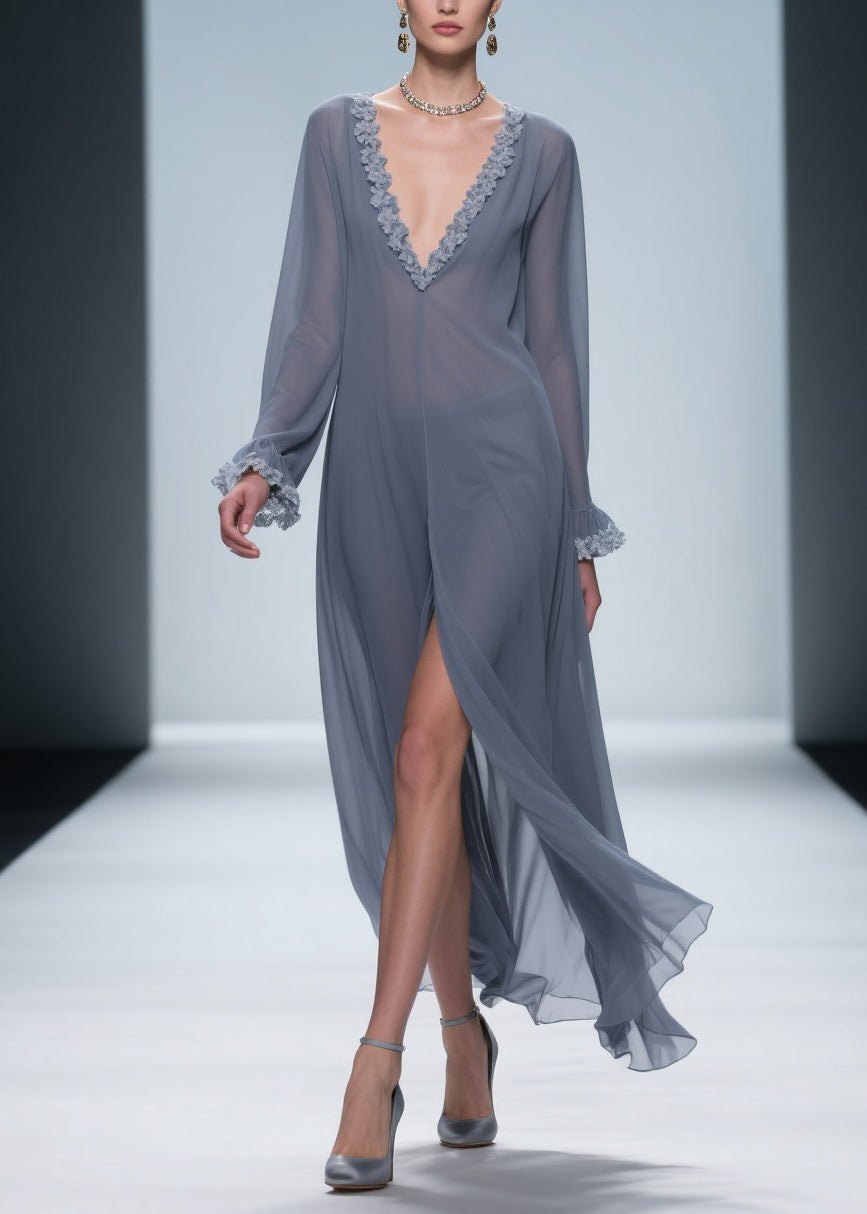 Chiffon Deep V-Neck Ruffle Cuff Lace Trim Center Slit Maxi Gown - View 3
