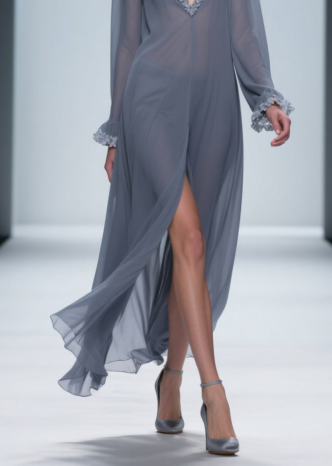 Chiffon Deep V-Neck Ruffle Cuff Lace Trim Center Slit Maxi Gown - View 4