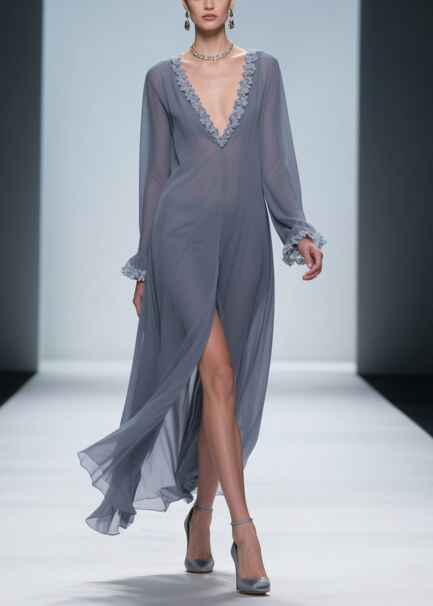 Chiffon Deep V-Neck Ruffle Cuff Lace Trim Center Slit Maxi Gown - View 5