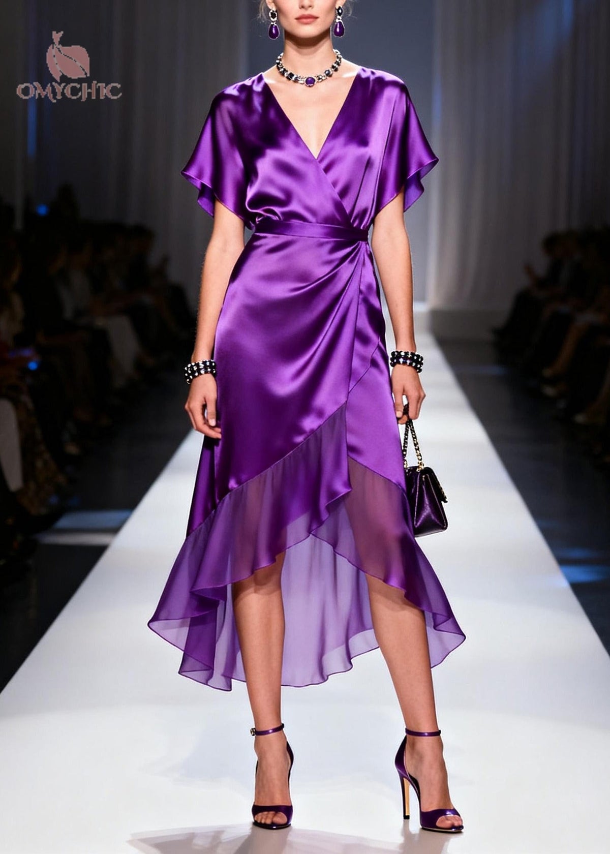 Satin Wrap Deep V-Neck Flutter Sleeve High Low Ruffle Hem Midi Dress