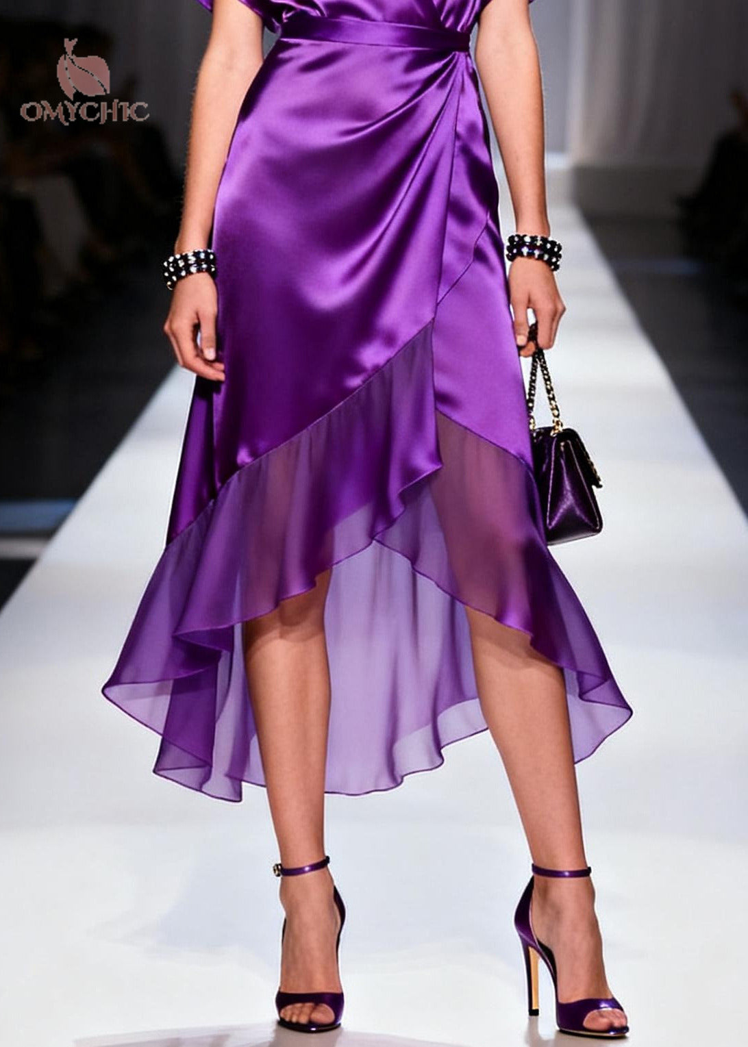 Satin Wrap Deep V-Neck Flutter Sleeve High Low Ruffle Hem Midi Dress - View 4