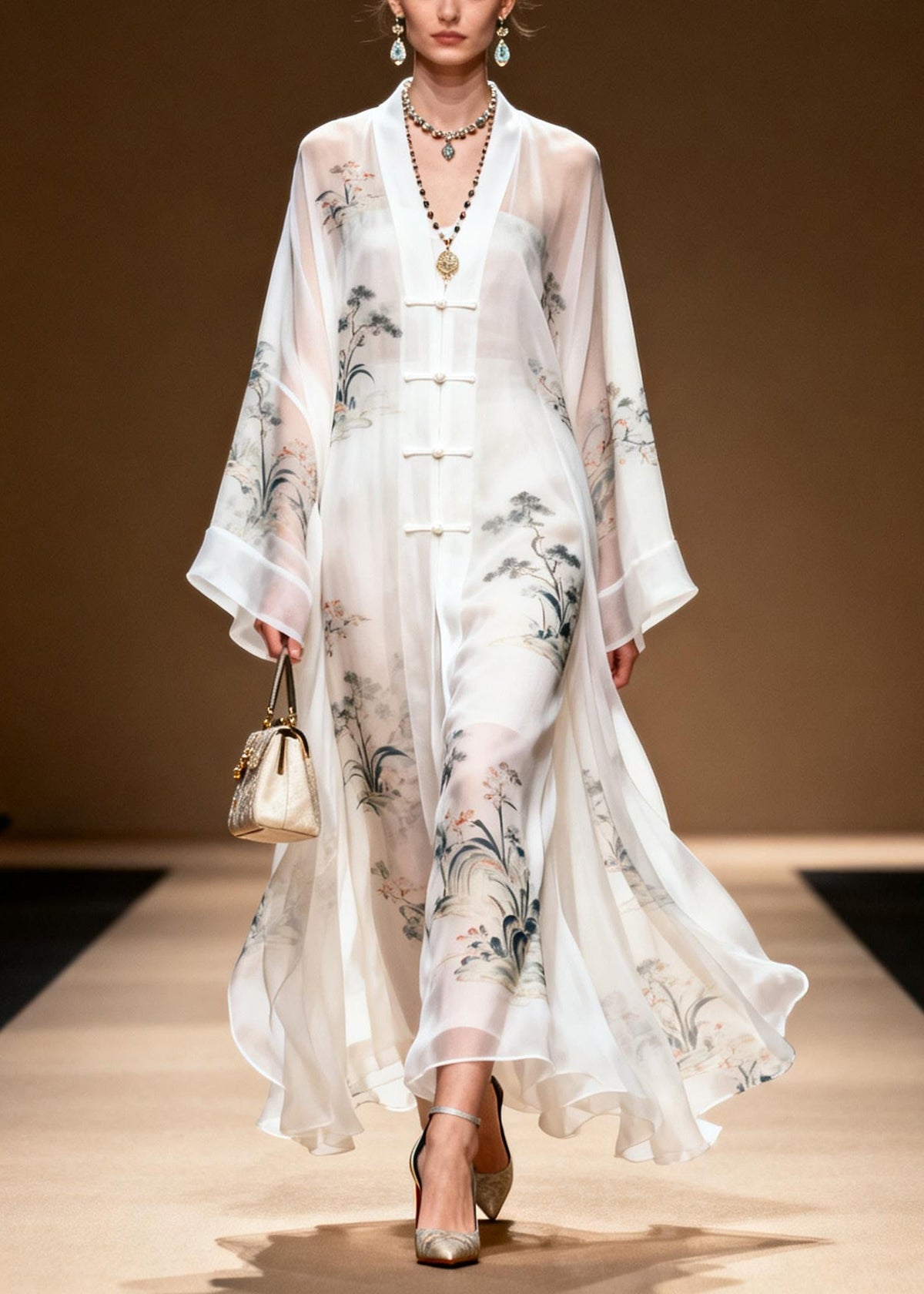 Chiffon Frog Button Draped Layered Kimono Sleeve Maxi Dress - View 3