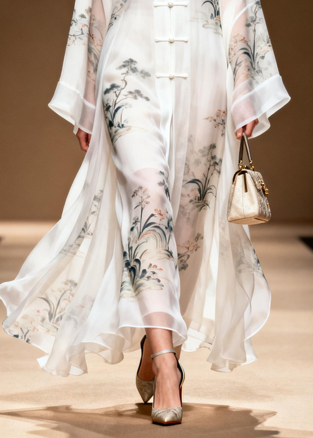 Chiffon Frog Button Draped Layered Kimono Sleeve Maxi Dress - View 4