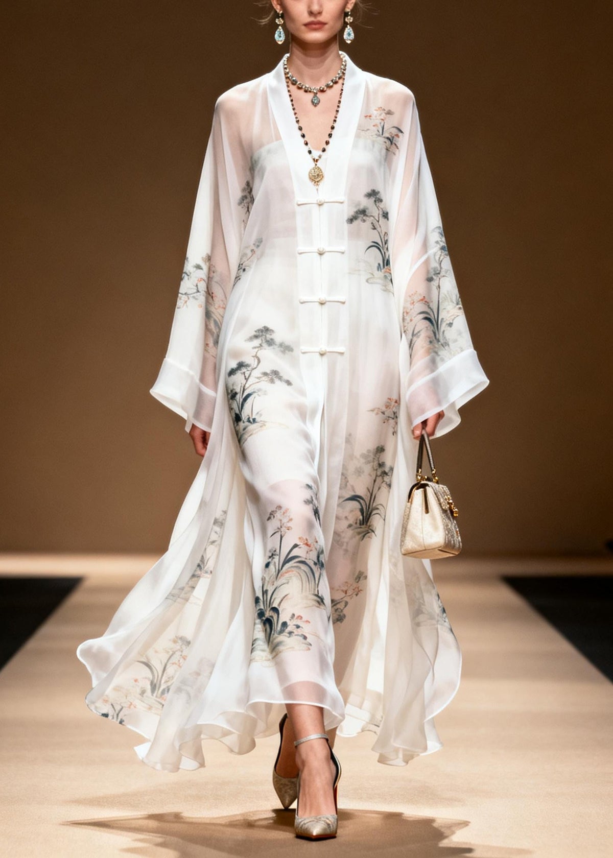 Chiffon Frog Button Draped Layered Kimono Sleeve Maxi Dress - View 5