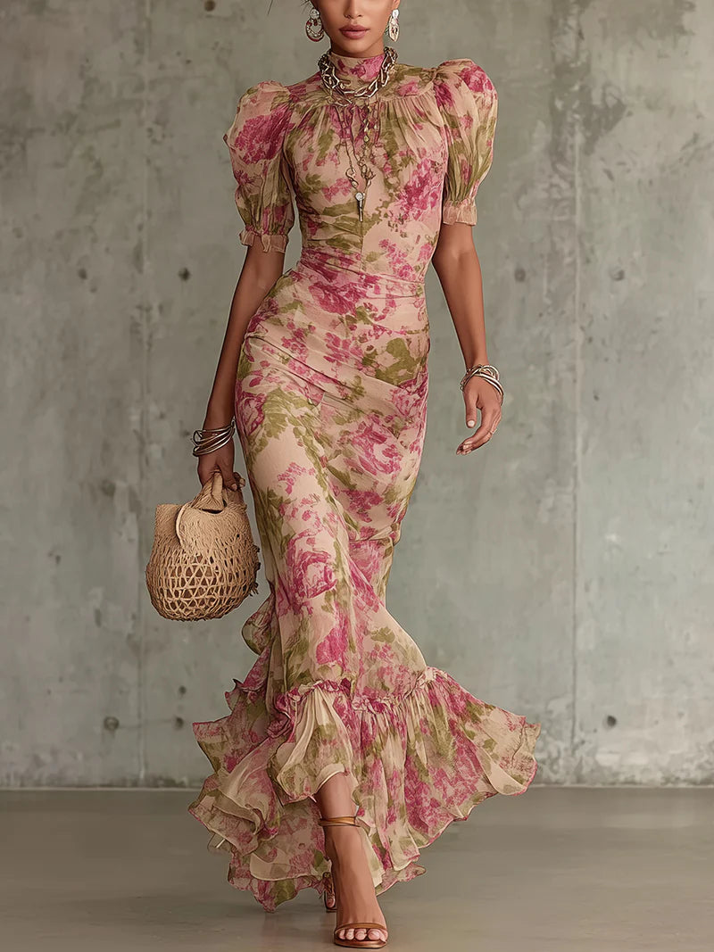 Floral High Neck Puff Sleeve Ruffle Hem Maxi Dress 3