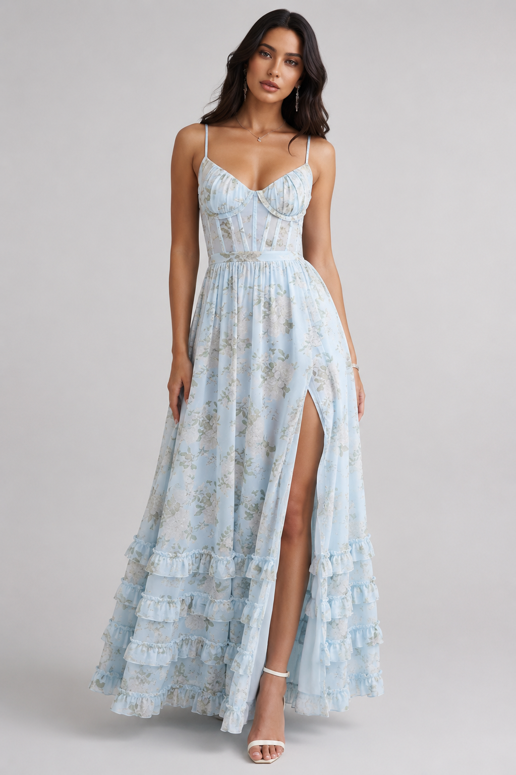 Floral Print Corset Bodice High Split Ruffle Hem Maxi Dress 3