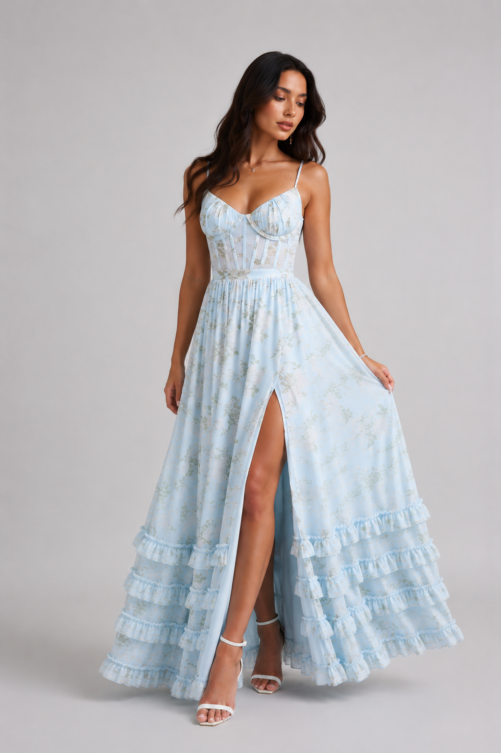 Floral Print Corset Bodice High Split Ruffle Hem Maxi Dress 2