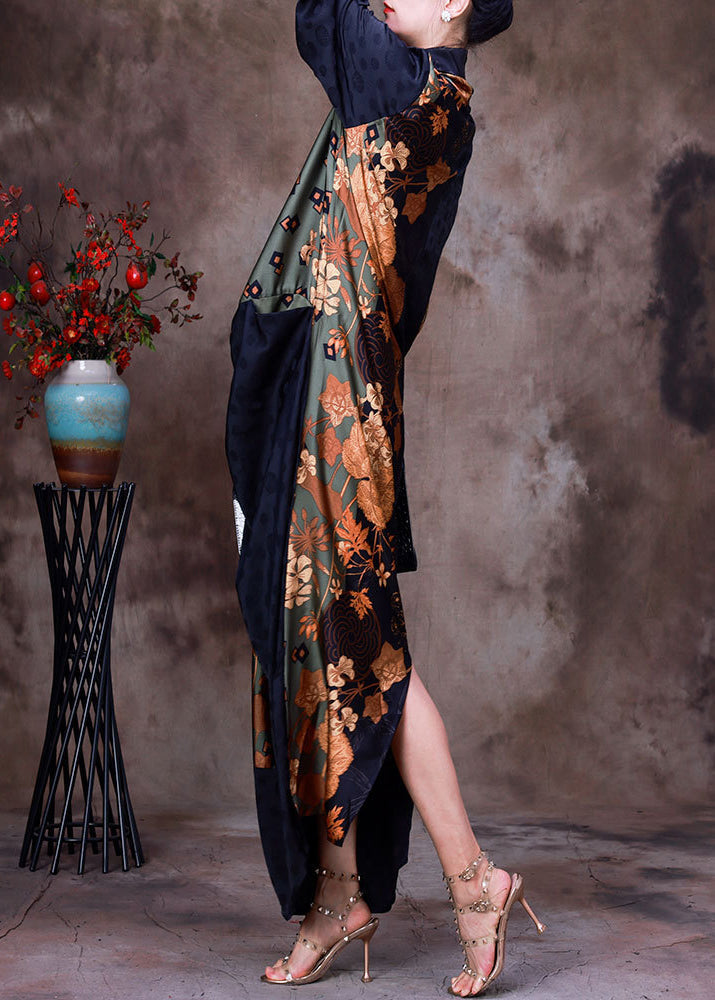 Patchwork Metallic Floral Geometric Print Draped Maxi Dress - View 3