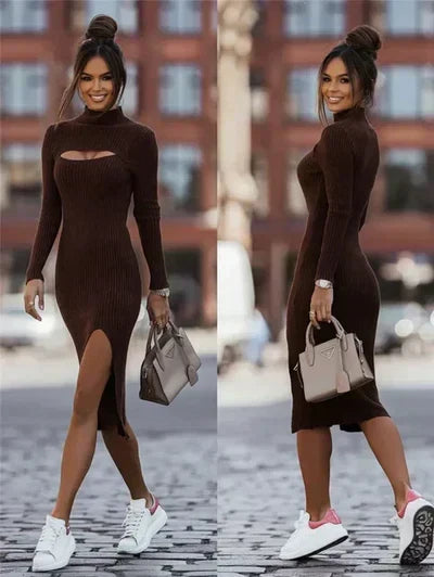Knit Mock Neck Long Sleeve Cut Out High Split Bodycon Midi Dress