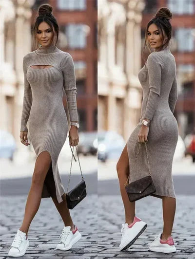 Knit Mock Neck Long Sleeve Cut Out High Split Bodycon Midi Dress - View 4