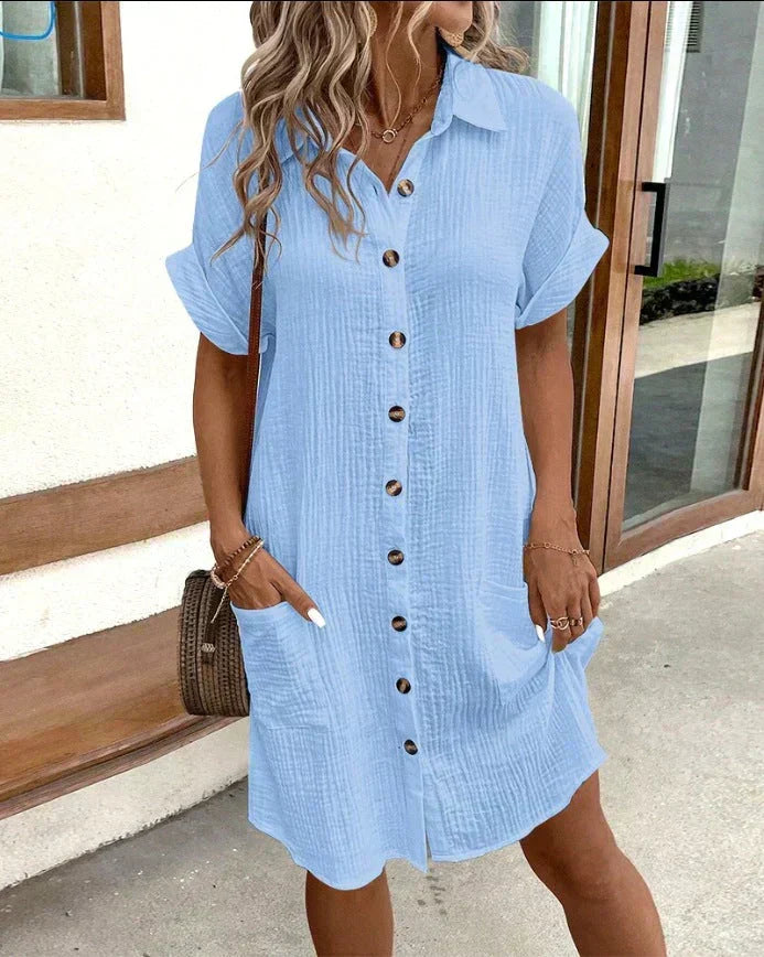 Crinkle Gauze Short Sleeve Button Down Collar Pocket Shirt Dress - View 5