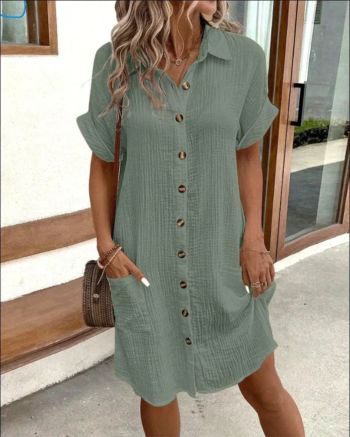 Crinkle Gauze Short Sleeve Button Down Collar Pocket Shirt Dress - View 4