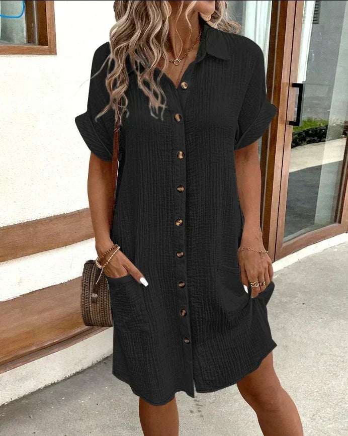 Crinkle Gauze Short Sleeve Button Down Collar Pocket Shirt Dress - View 2