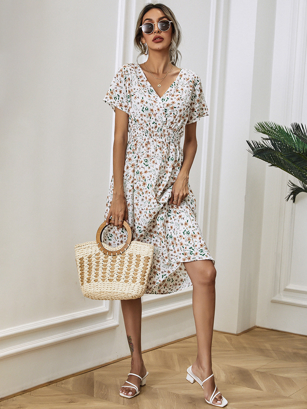 Wrap V-Neck Flutter Sleeve Smocked Waist A-Line Midi Summer Dress - View 9