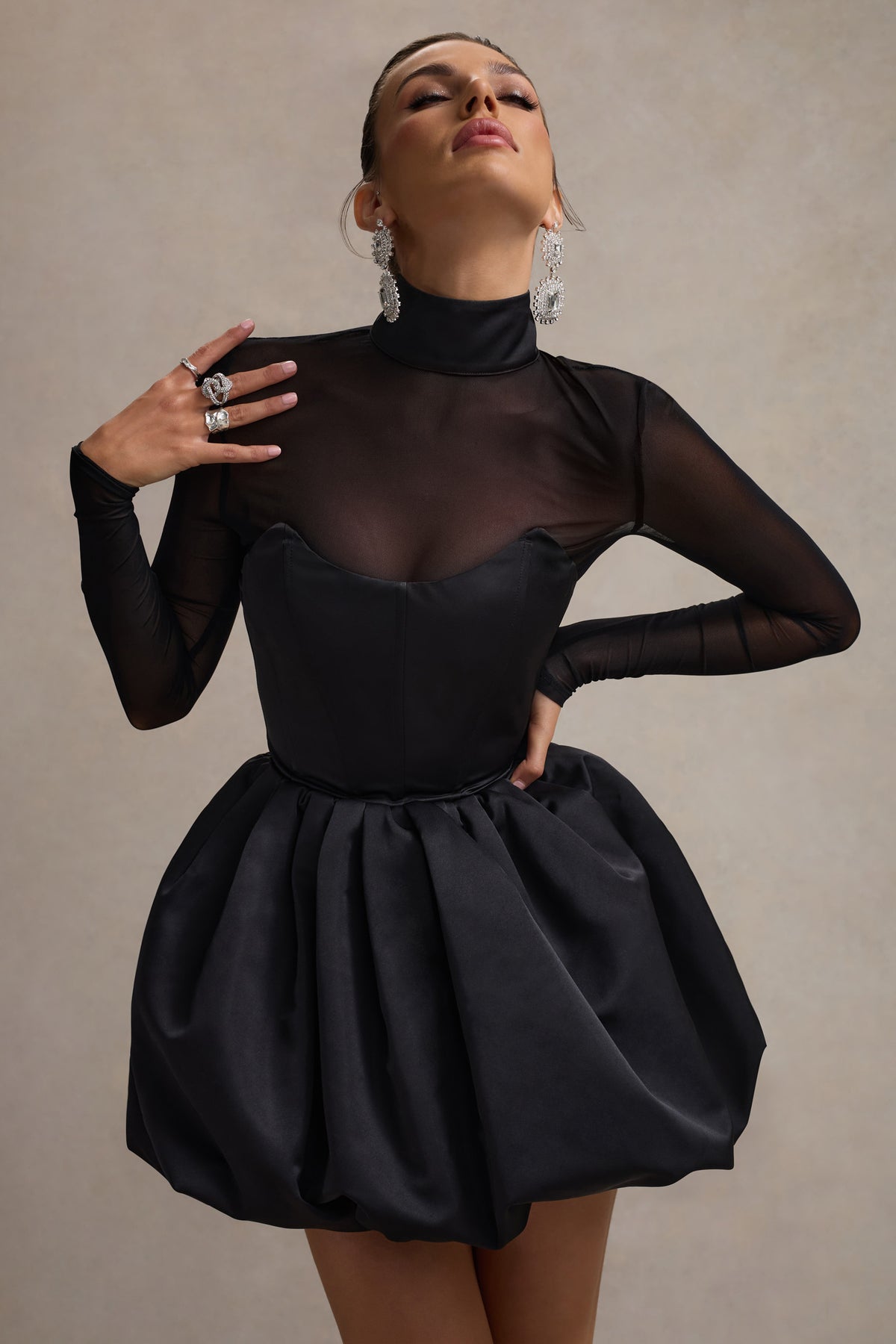 Sheer Mesh High Neck Corset Bodice Bubble Hem Mini Dress