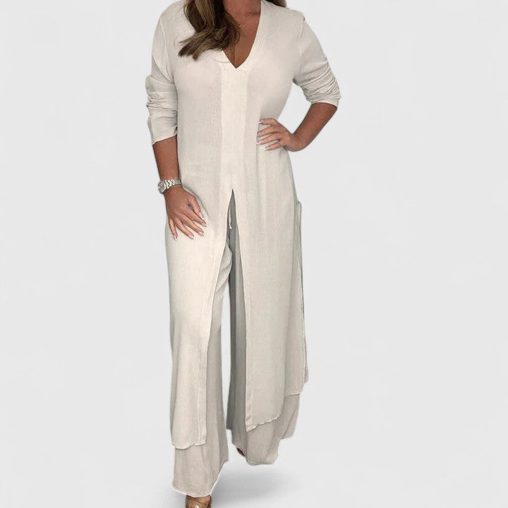 V-Neck Long Sleeve Split Hem Tunic and Wide Leg Pants Two Piece Set 2